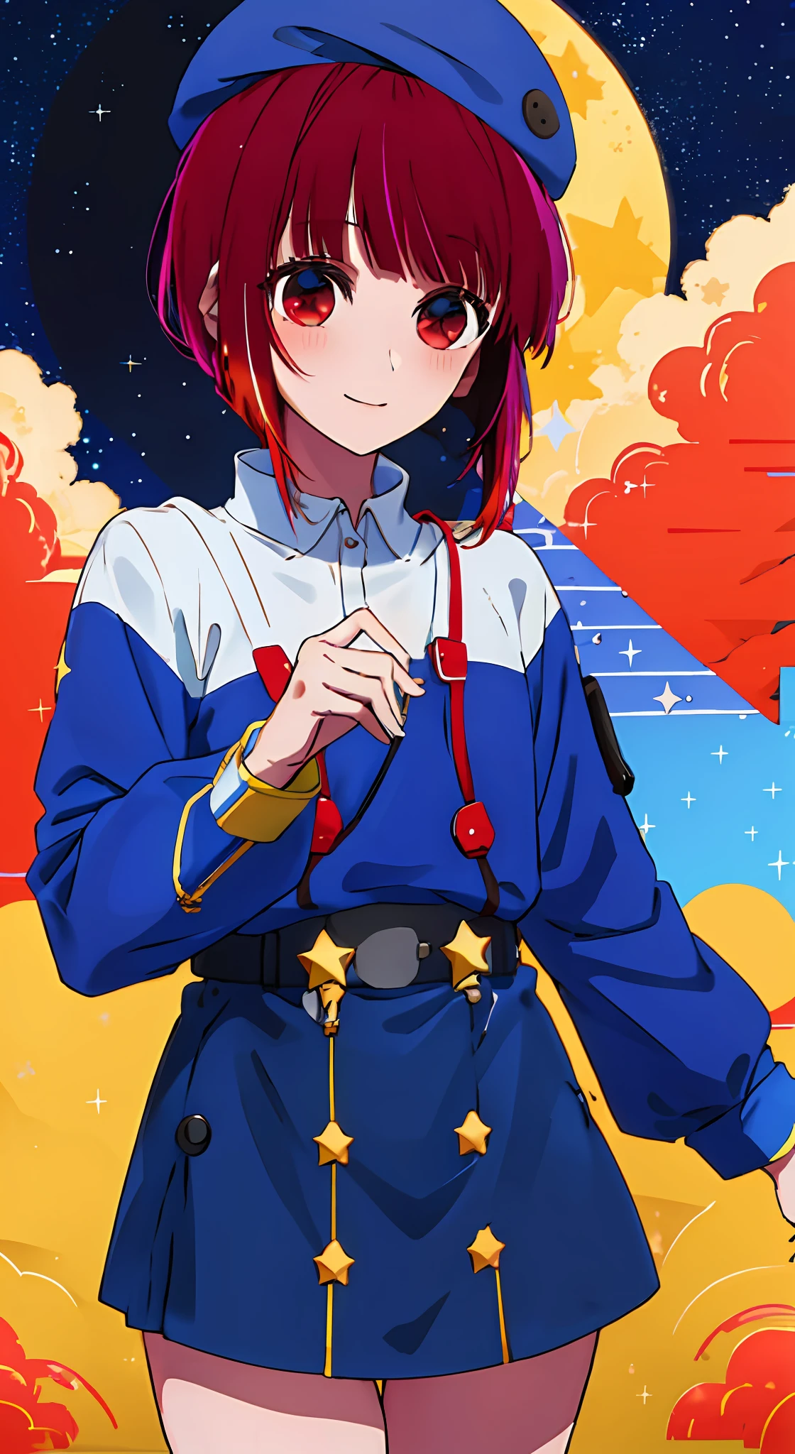1girl, solo, astronaut , bangs,happy,posing, multicolored hair, moon background , Arima Kana, hat, blue headwear, beret, (masterpiece:1.2), highres, best quality, 8k, holding stars in hand, spacesuit