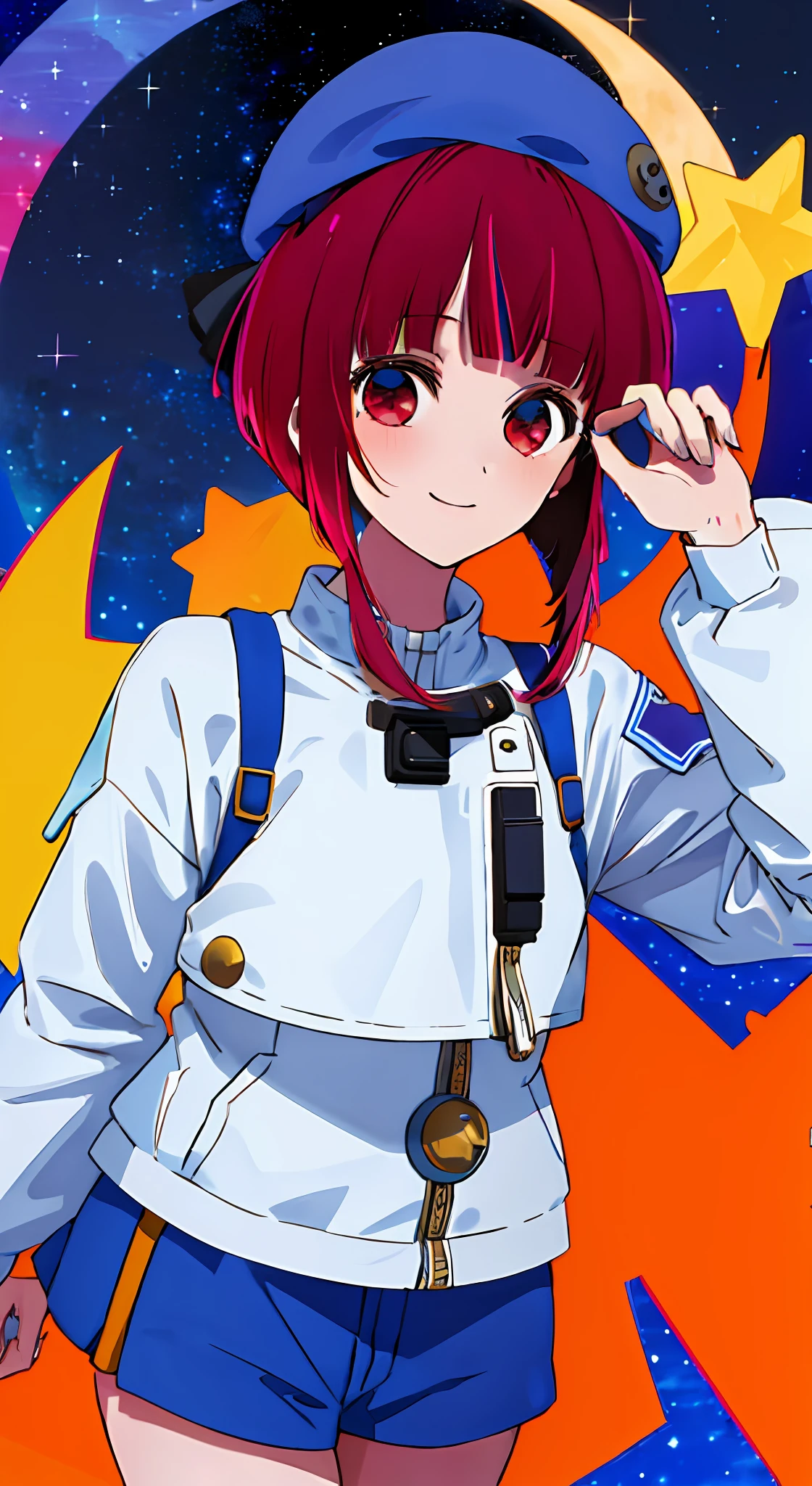 1girl, solo, astronaut , bangs,happy,posing, multicolored hair, moon background , Arima Kana, hat, blue headwear, beret, (masterpiece:1.2), highres, best quality, 8k, holding stars in hand, spacesuit