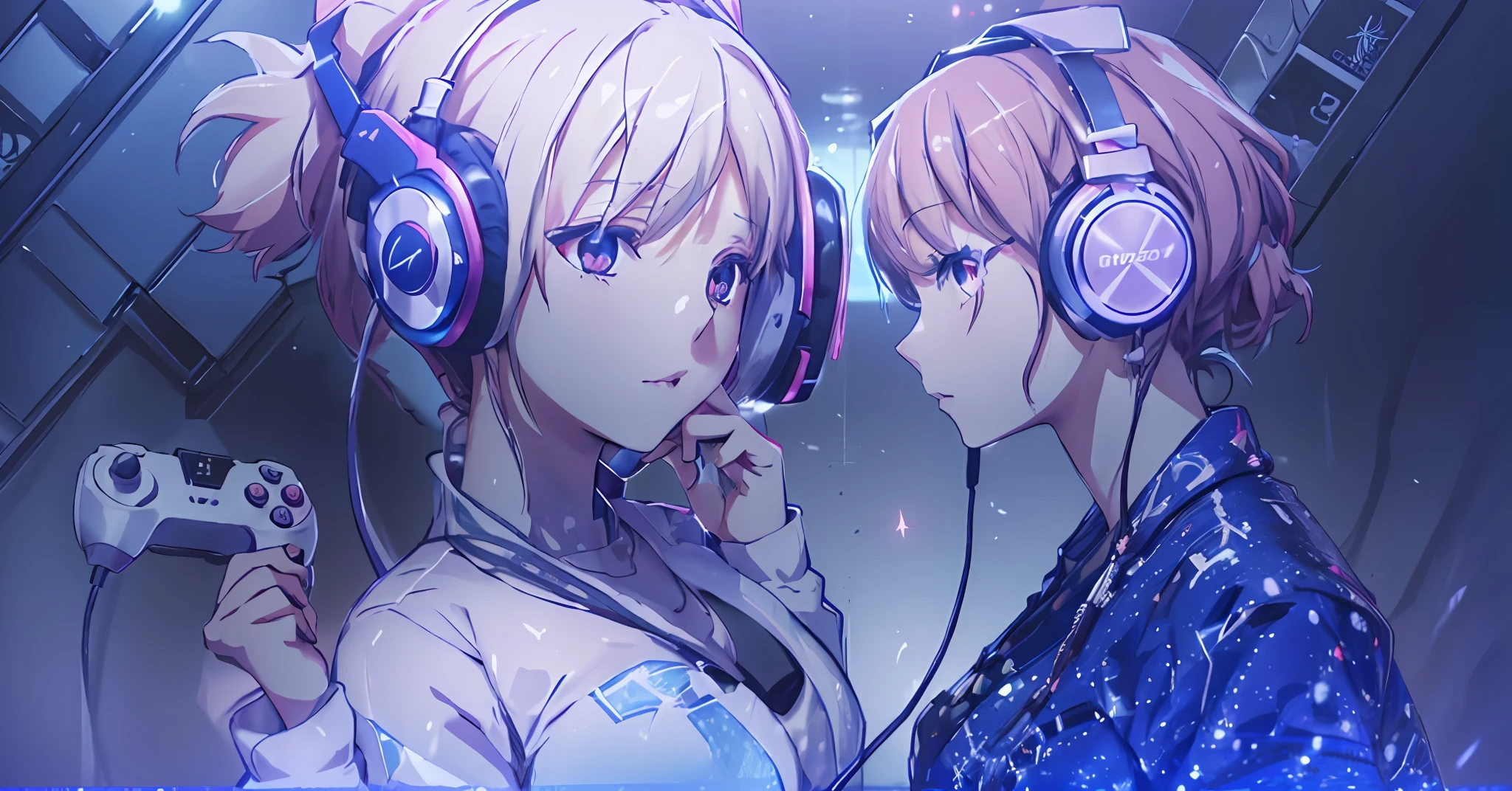 anime characters with headphones and a video game controller, with headphones, with headphones, nightcore, anime ears, headphones, by Shitao, digital anime illustration, listening to music, using headphones, nixeu and sakimichan, 4K anime style, digital anime art!!, two beautiful anime girls, digital anime art,  official art, comic book art, uncensored, (masterpiece), clear ropas, in the background a large tv with a video game on, two beautiful girl with a big neckline