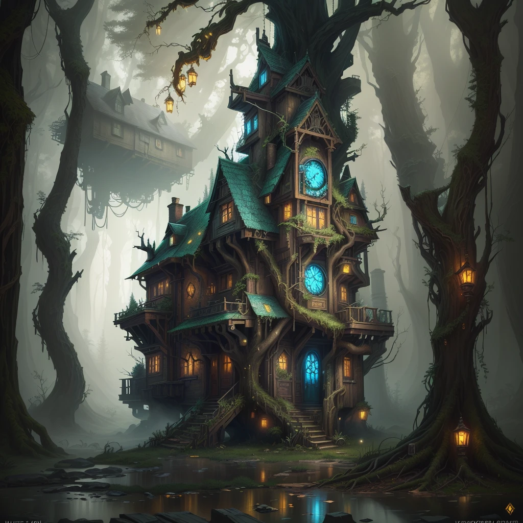 there is a painting of a house in the woods with a clock on it, cyberpunk tree house, detailed digital 2d fantasy art, fantasy house, detailed fantasy digital art, magical fantasy 2 d concept art, epic fantasy digital art style, highly detailed fantasy art, digital 2d fantasy art, witch cottage in the forest, concept art highly detailed, steampunk forest background