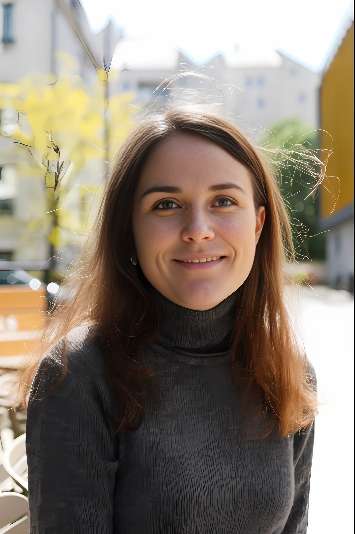 smiling woman in grey turtleneck sweater standing in front of a bench, portrait of sanna marin, aleksandra waliszewska, nina tryggvadottir, magdalena andersson, valentina remenar, emily rajtkowski, virginie ropars, photo of džesika devic