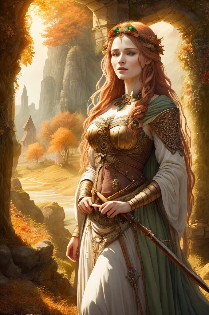 "A gorgeous Celtic goddess of dawn in fluttering costumes, holding a spear, with autumnal tones, painted in Renaissance style, immersed in a medieval setting, capturing the essence of sunrise – all this in an ultra-detailed vignette of high quality in 8k CG Unity wallpaper."