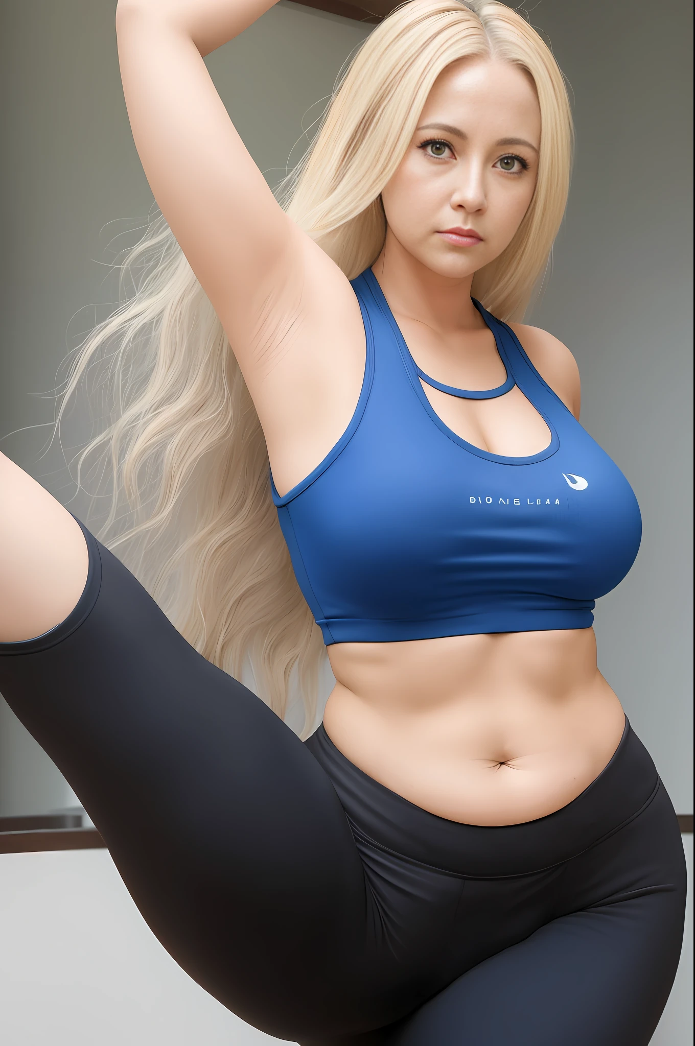tsunade, 1girl, solo, blonde hair, long hair, brown eyes, mature female, facial mark, forehead mark, wearing tight yoga pants, and tank top, curvy female figure, mature female in her mid 40s, blue forehead mark, exposed belly, wide navel, chubby belly