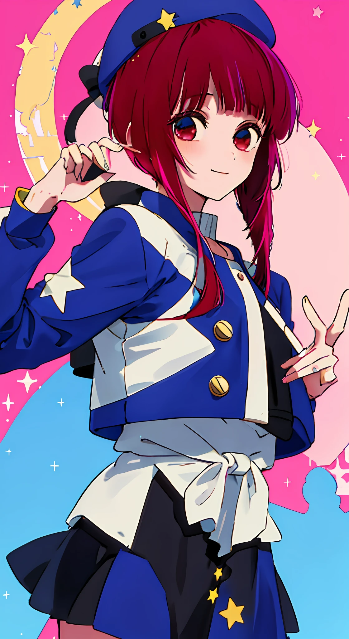 1girl, solo, astronaut , bangs,happy,posing, multicolored hair, moon background , Arima Kana, hat, blue headwear, beret, (masterpiece:1.2), highres, best quality, 8k, holding stars in hand