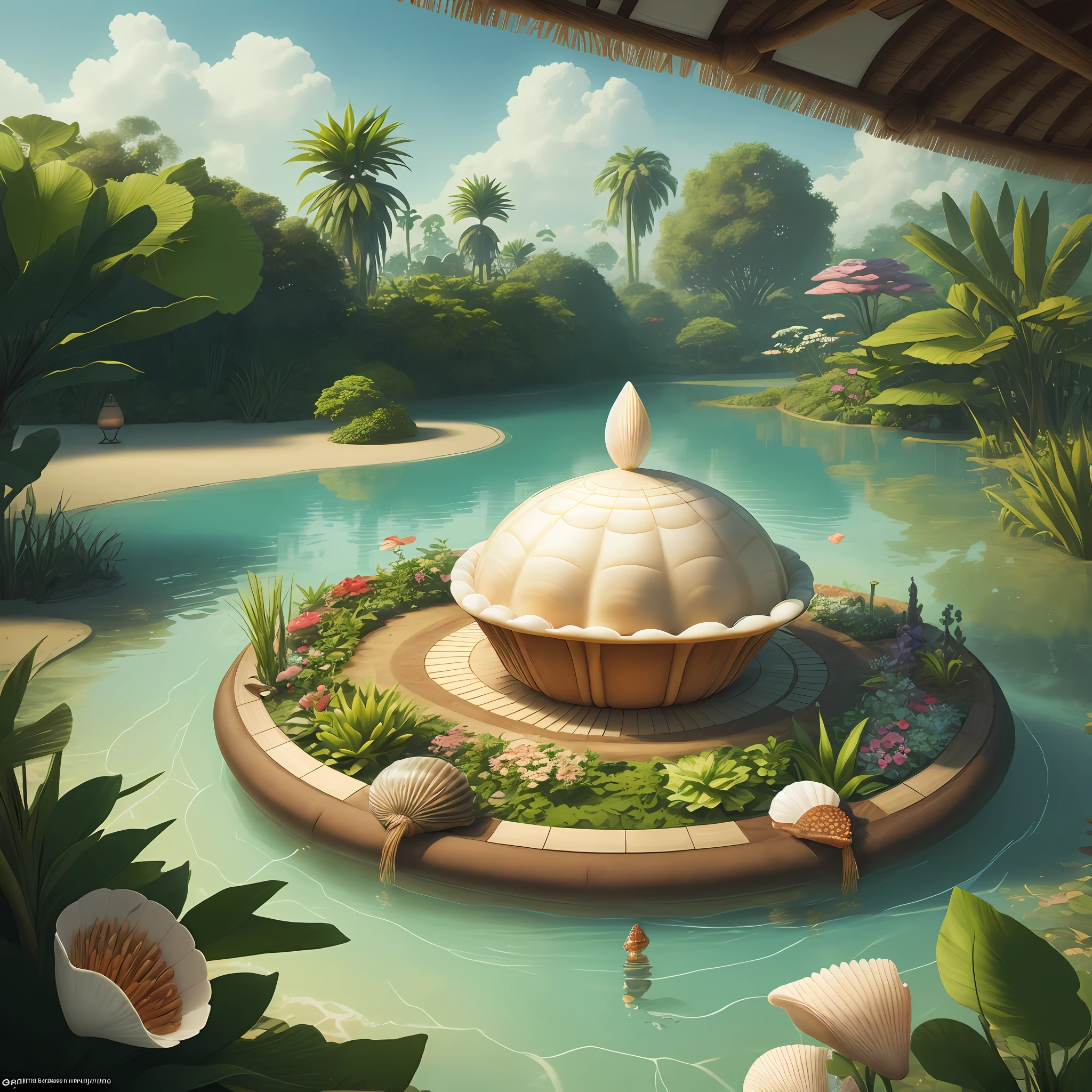 On a lagoon, a raft with an exotic garden, in the middle of the raft an anthill in the shape of a pretty shell