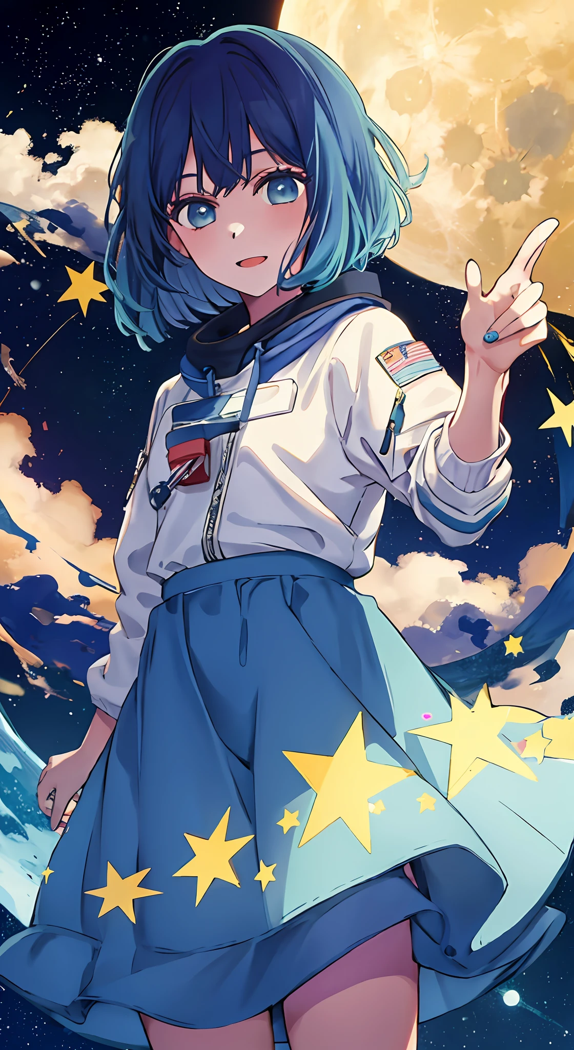 1girl, solo, astronaut , bangs,happy,posing, multicolored hair, moon background , (masterpiece:1.2), highres, best quality, 8k, holding stars in hand