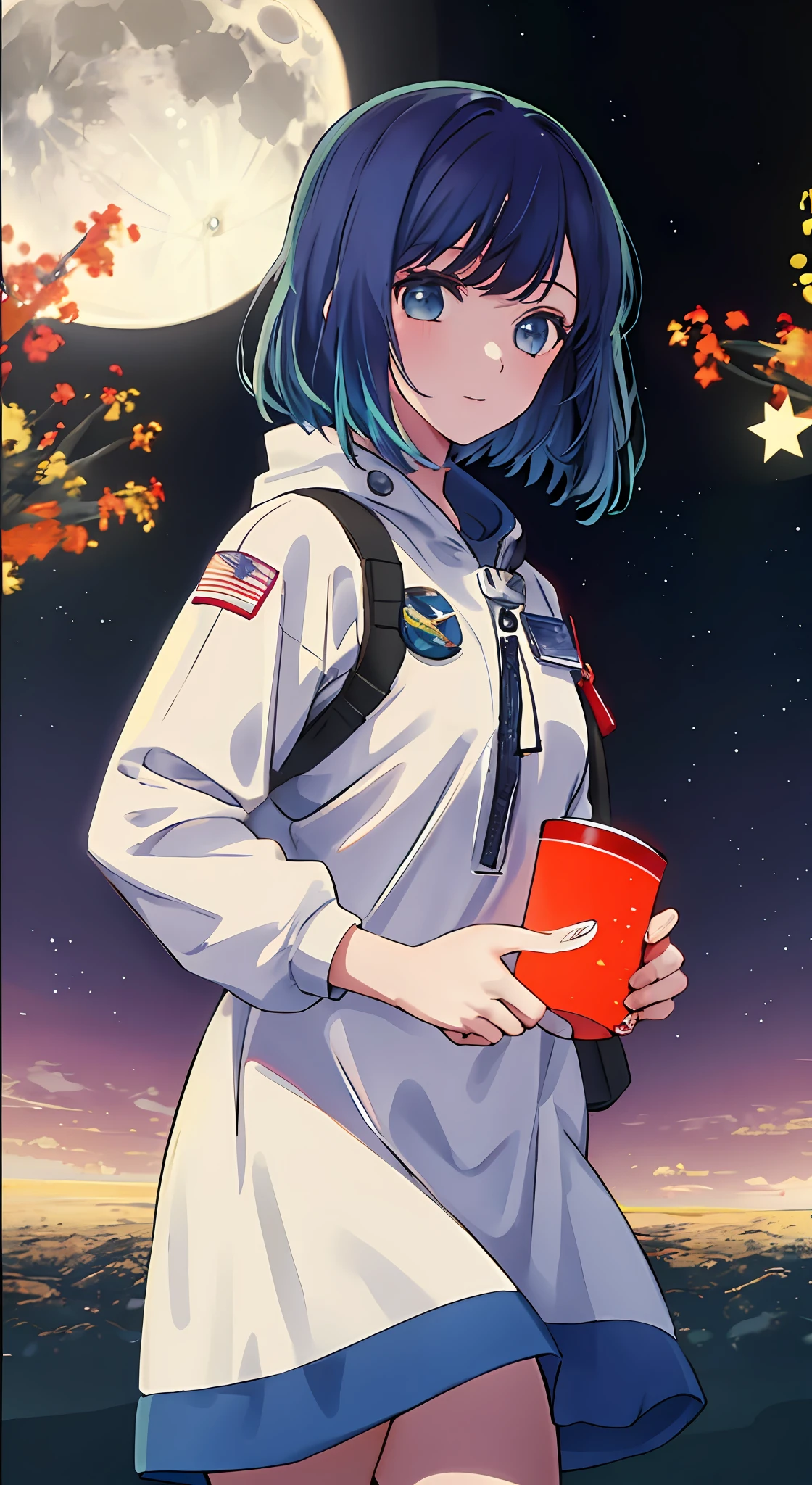 1girl, solo, astronaut , bangs,happy,posing, multicolored hair, moon background , (masterpiece:1.2), highres, best quality, 8k, holding stars in hand