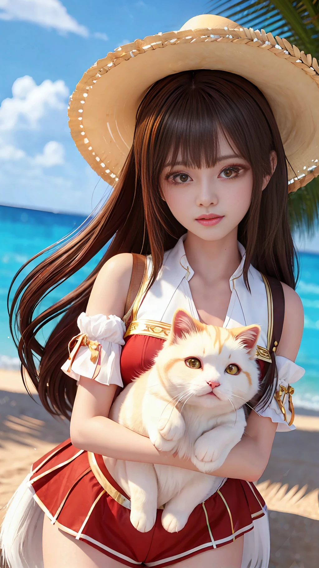 A beautiful teenage girl, brown skin, 12 years old. Brazilian, 8k uhd, anime style, 3d render, super detailed, black hair with a Red stripe on the fringe. Red, honey-colored Western eyes, fluffy, big round cheeks, wearing white shirt, holding a White cat. Beach, happy face, alone.