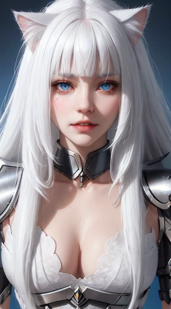 Light white hair, blunt bangs, asymmetrical hair, hair behind ear, long hair, wavy hair, blue eyes, cat pupils, eyebrows behind hair, cat ears, fangs, facial hair, bored, close-up, UHD, anatomically correct, textured skin, high details, 1080P, japanese clothes, light armor