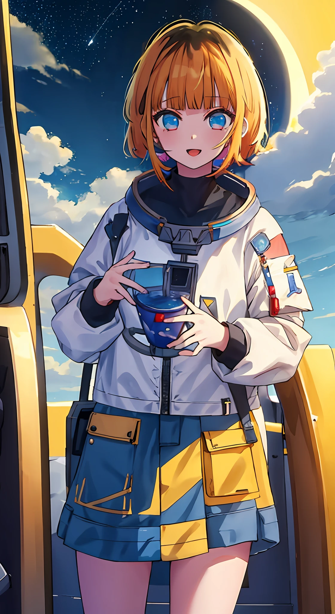 1girl, solo, astronaut , bangs,happy,posing, multicolored hair, moon background , (masterpiece:1.2), highres, best quality, 8k, holding stars in hand