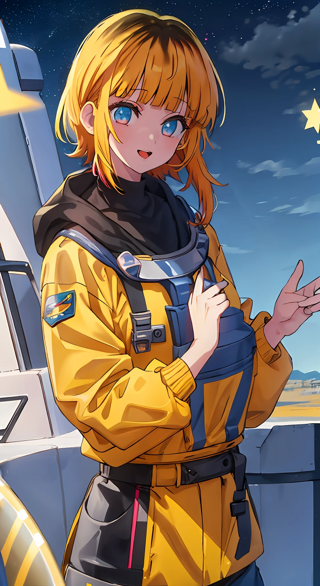 1girl, solo, astronaut , bangs,happy,posing, multicolored hair, moon background , (masterpiece:1.2), highres, best quality, 8k, holding stars in hand