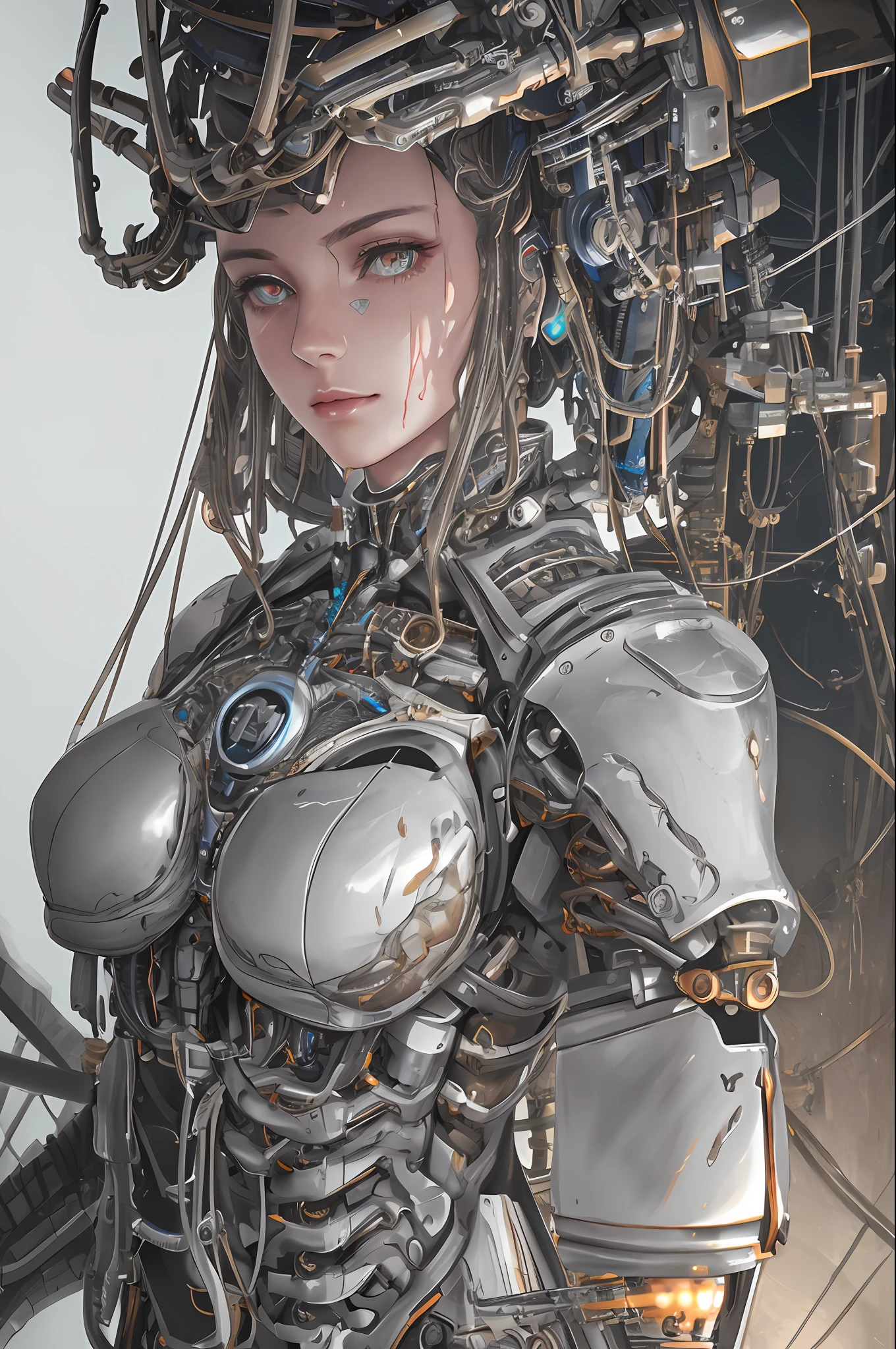 1mechanical girl,((ultra realistic details)), portrait, global illumination, shadows, octane render, 8k, ultra sharp,metal,intricate, ornaments detailed, cold colors, egypician detail, highly intricate details, realistic light, trending on cgsociety, glowing eyes, facing camera, neon details, machanical limbs,blood vessels connected to tubes,mechanical vertebra attaching to back,mechanical cervial attaching to neck,sitting,wires and cables connecting to head