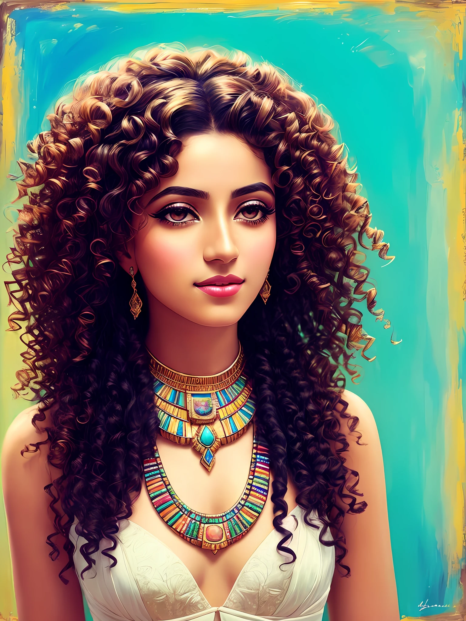 [(portrait), (Egyptian), (lady), (curly hair), (jewelry), (detailed and beautiful eyes), (delicate features), (dynamic pose), (colorful attire), (bright light), (shadows), (vintage), (painting effect):1.0]