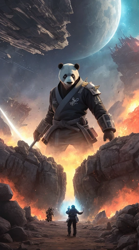 (Great demonic panda, with white jiu-jitsu kimono, ready to fight, with angry face, with flames of fire rising from his back) 1.1, postst-Apocalyptic isometric sci-fi battlezone by Alejandro Bursido, red vegetation, solar rays, 8K UHD, perfect lighting Mucha, Artgerm, WLOP, Digital Illustration, Scenic, detailed, The epic battle scene, epic, war, dark, alien, human, space,  3D, 8k