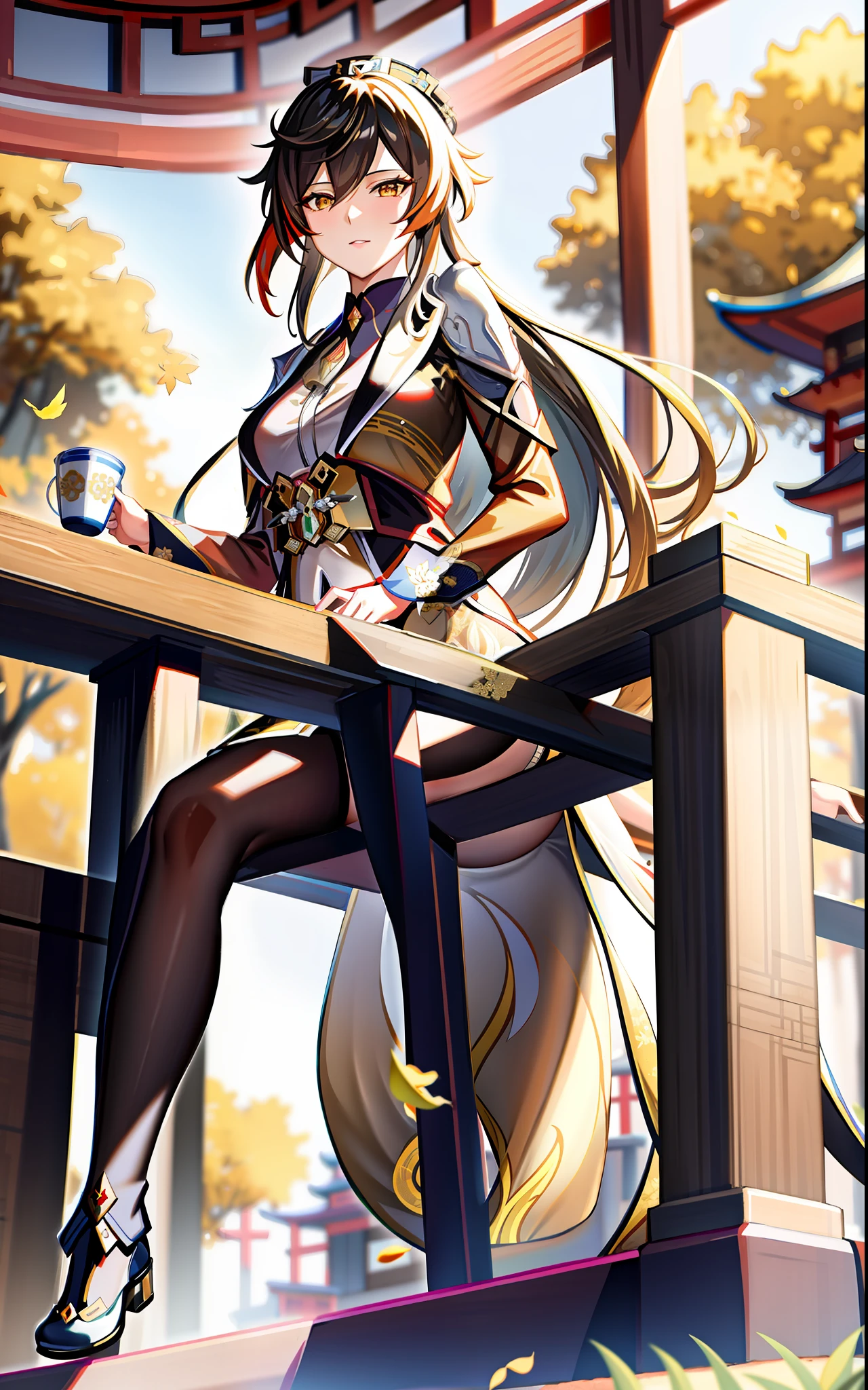 (extremely detailed background) (best quality), (highest quality), (masterpiece), 1girl, solo , zhongli\(genshin impact\), long hair, amber eyes, beautifully detailed eyes, mature, dark brown hair, calm face, looking at the viewer, medium breasts, side bangs, long hanfu , extremely well detailed brown hanfu , traditional Chinese dress , extremely detailed clothing, golden patterns, gorgeous, elegant, luxurious, jowelery, pregnant, extremely detailed belt, long sleeves, loose long sleeves, sitting, sitting on a chair , hands on cup of tea , outdoor, sitting on a chair on the wilds , chinese palace behind her, mountains, yellow trees, yellow leafs,rocks, mature old lady, exposed shoulders, exposed chest
