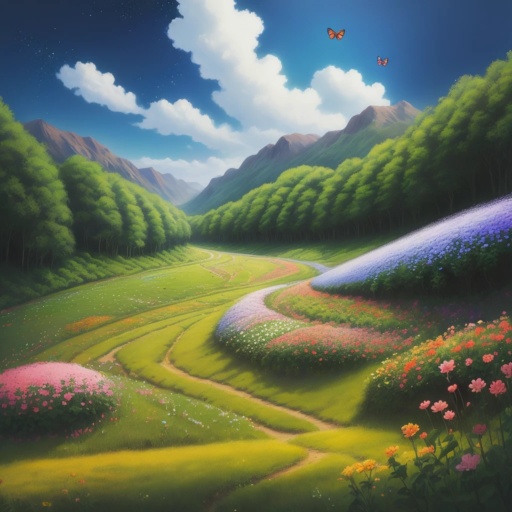 Ant in a valley full of flowers in the sky fly butterflies and ladybugs the sky is the Milky Way
