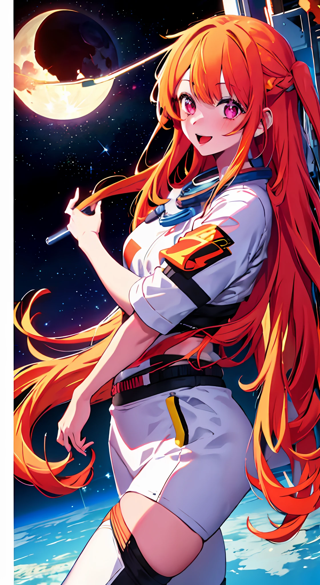 1girl, solo, astronaut , bangs,happy,posing, multicolored hair, moon background , (masterpiece:1.2), highres, best quality, 8k, holding stars in hand, star-shaped pupils in left eye, orange hair, long hair, pink eyes, blonde, bangs,happy,posing, multicolored hair,