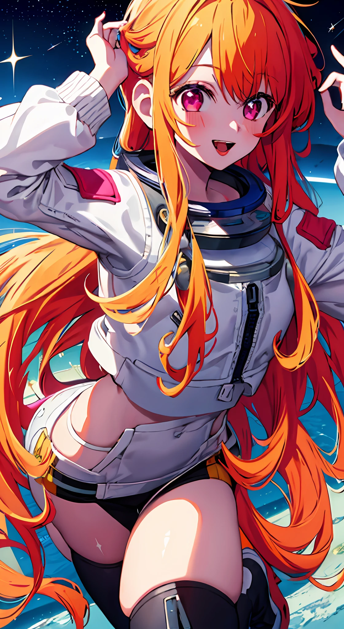 1girl, solo, astronaut , bangs,happy,posing, multicolored hair, moon background , (masterpiece:1.2), highres, best quality, 8k, holding stars in hand, star-shaped pupils in left eye, orange hair, long hair, pink eyes, blonde, bangs,happy,posing, multicolored hair,