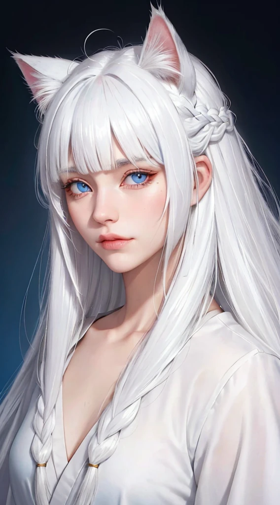 Light white hair, blunt bangs, asymmetrical hair, hair behind ear, long hair, wavy hair, blue eyes, cat pupils, eyebrows behind hair, cat ears, serious, facial hair, close-up, UHD, anatomically correct, textured skin, high details, 1080P, traditional japanese clothes