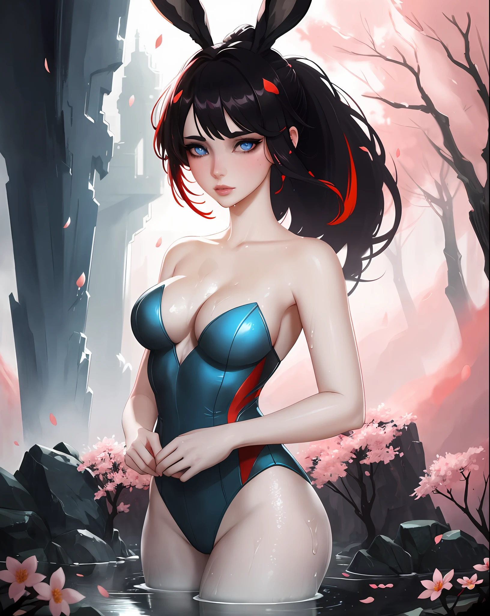1girl, (viera:1.1), rabbit ears, (pale skin:1.1), rabbit girl, black hair, blue eyes, (looking at viewer:1.2), lips ajar, (in sakura hot spring, outdoors:1.1), anthropomorphic, dripping, wet, stylized portrait, dark fantasy, by greg rutkowski, trending on artstation detailed, award winning illustration, hd, 4k, digital art, highly detailed, cinematic lighting, vibrant colors, in the style of noah bradley, Beksinski, (floating petals:1.1), bangs, red highlights, ponytail