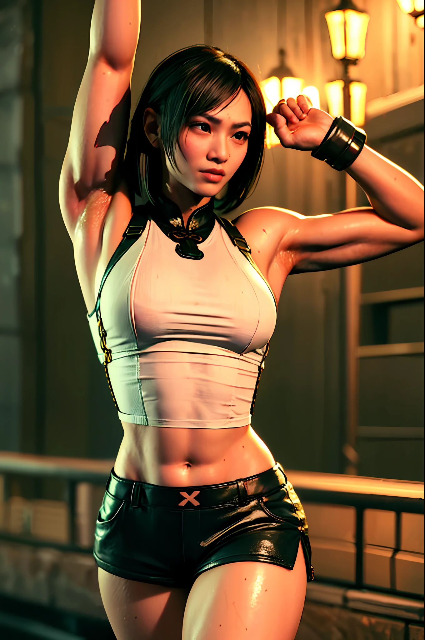 masterpiece, muscular chinese Muay Thai female kickboxer, Chinese face, black hair, in a sexy cheongsam dress is standing next to a Riverboat with a cyberpunk background, bracelet, letterboxed, lips, living hair hair, makeup, big biceps, armpit spread, very sweaty, wet, oily body, midriff, nail_polish, navel, nose, realistic, shorts, solo, tattoo,wristband, dynamic lighting, atmosphere lighting, sharp focus, 8k high definition, insanely detailed, intricate
