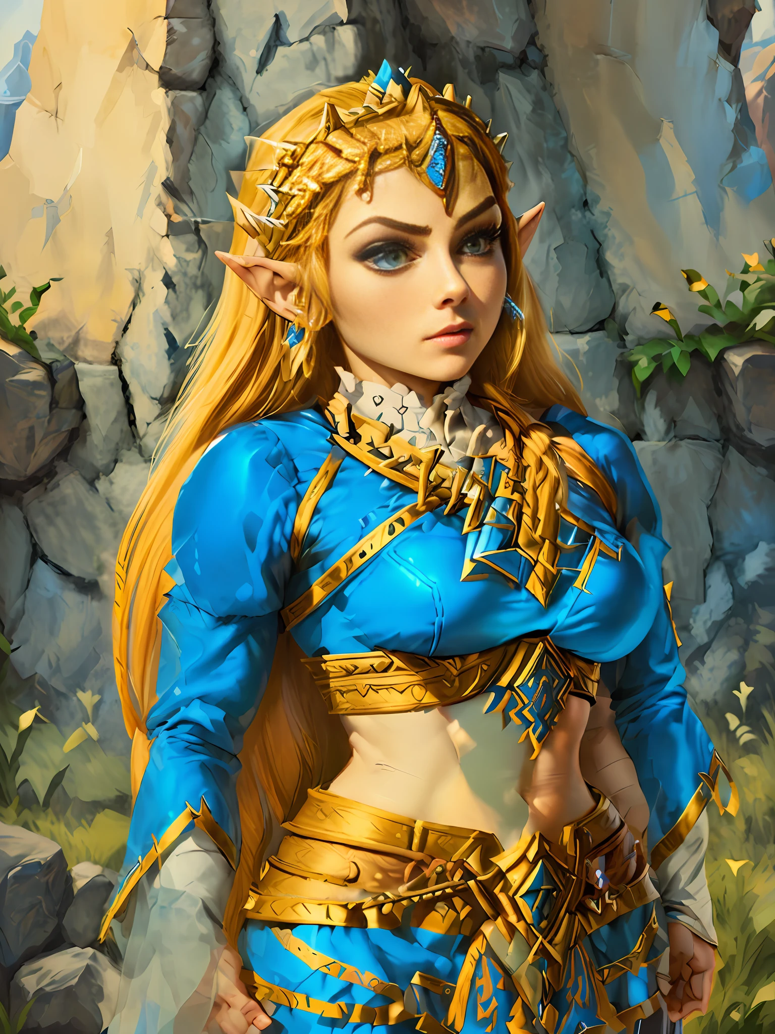 a close up of a cartoon of a woman in a blue dress, portrait of princess zelda, portrait of zelda, zelda botw, botw style, princess zelda, zelda style art, breath of the wild art style, botw, zelda with triforce, zelda, breath of the wild style, a portrait of link, from legend of zelda