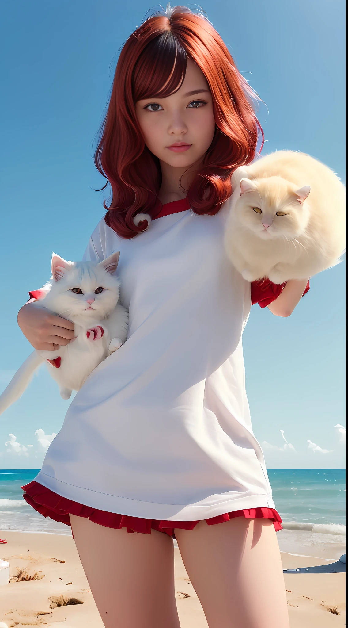 A beautiful teenage girl, white skinned, 12 years old. Brazilian, 8k uhd, photorealistic style, 3d render, super detailed, black hair ((((with Red locks)))). Red, ((honey-colored Western eyes)), fluffy, ((large, round cheeks)), wearing a white shirt, (((holding only a small White cat))l. On the Beach, happy face, alone.