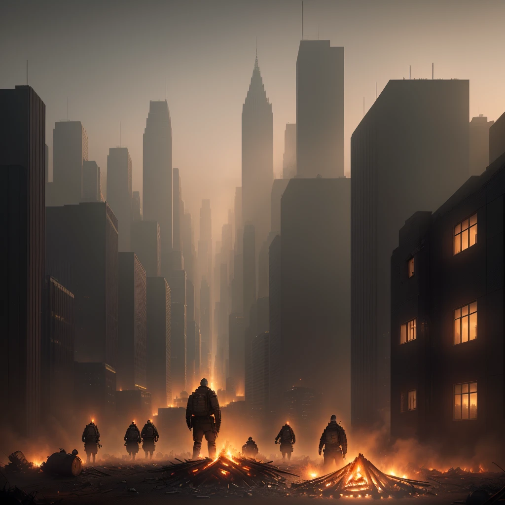 group of armed survivors around a campfire with a big city in the background, low buildings and houses, dystopian, apocalyptic, realistic, cinematic lighting, unreal engine, 8k, smoke and fire, russian architecture, zombie, nostalgic, dark night, style Andy Fairhurst, in Fear and Suffering, Post-Apocalyptic