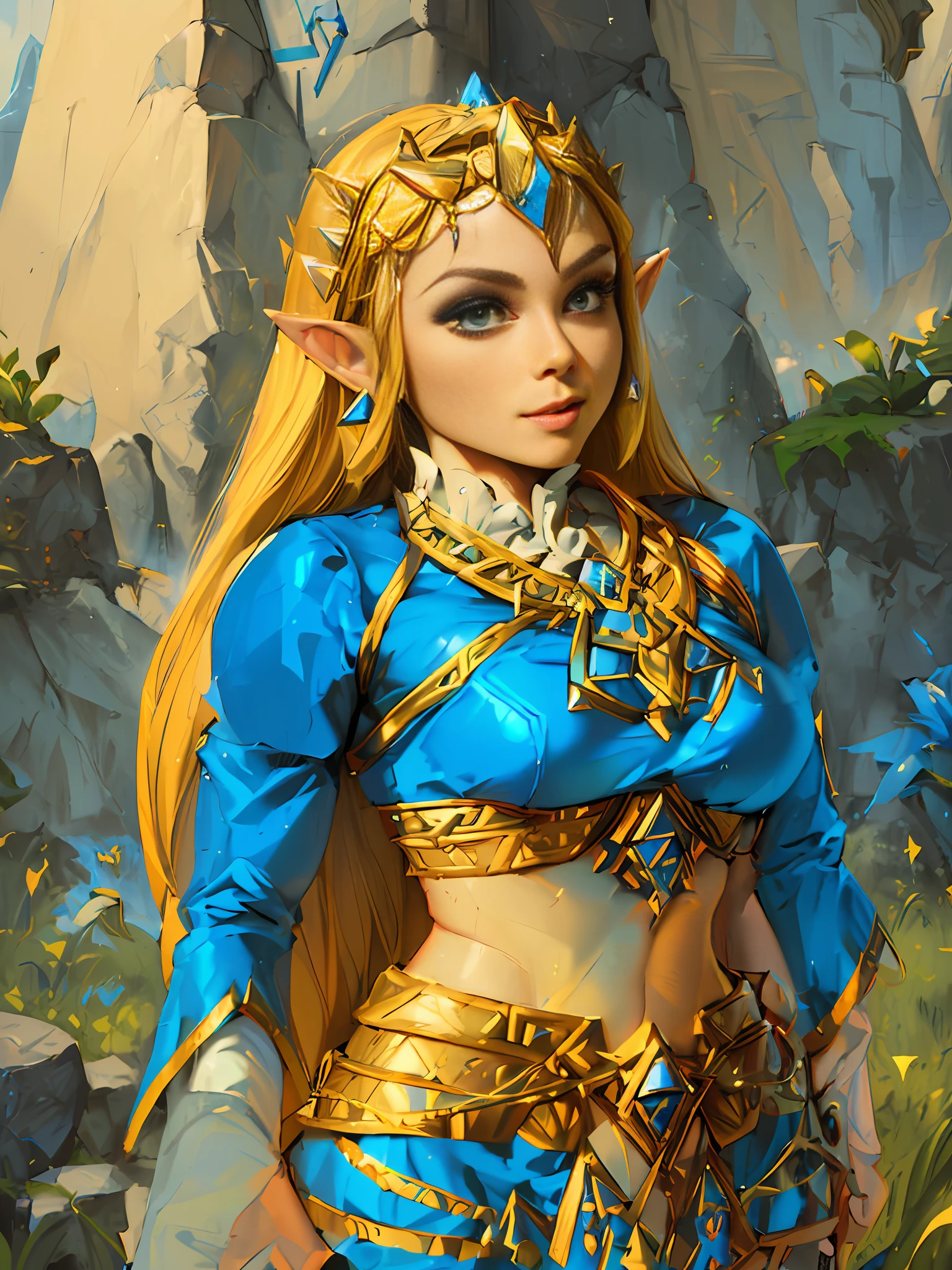 arafed image of a woman in a blue outfit and gold jewelry, portrait of princess zelda, portrait of zelda, princess zelda, zelda, zelda botw, zelda style art, portrait of an elf queen, zelda with triforce, artgerm julie bell beeple, elf princess, alluring elf princess knight, from legend of zelda