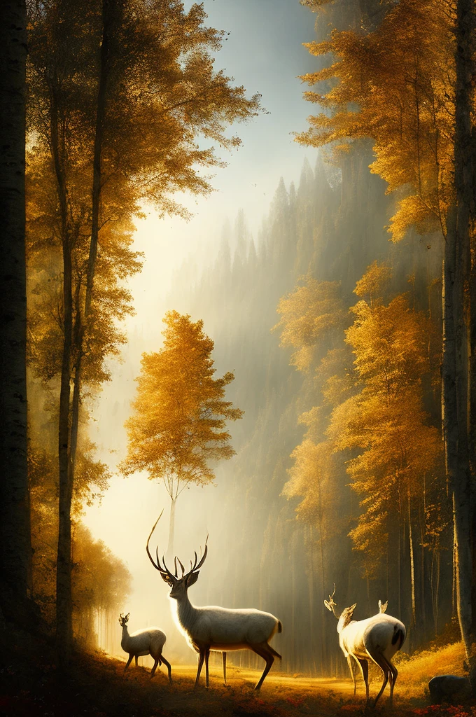"[Renaissance painting with mystical and transcendent atmosphere, a unique and majestic deer-white in a birch grove, setting sun with beautiful play of colors, without being overly surrealist]:0.8"