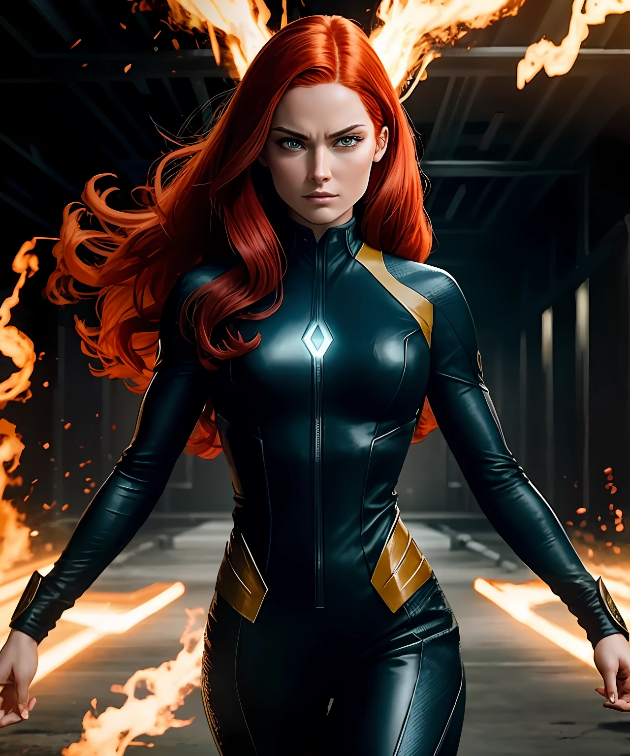 Jean Grey from X-Men, a powerful and enigmatic mutant with fiery red hair. Her intense green eyes hold both wisdom and untamed power. She wears a sleek black bodysuit, adorned with the iconic X-Men symbol. The scene is set in a training facility, with sparks of energy crackling around her, showcasing her telekinetic abilities. The lighting casts dramatic shadows, emphasizing her inner conflict and potential for both destruction and redemption. The camera captures Jean Grey in a moment of intense focus, embodying the complex nature of her character.