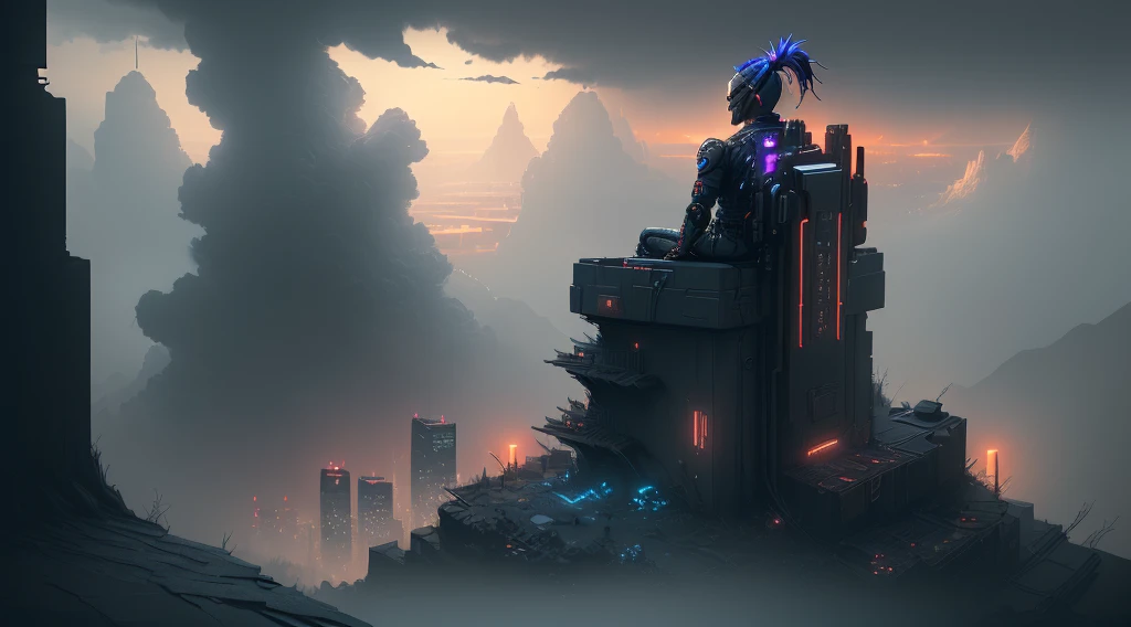 (Ultra detailed), (masterpiece), (best quality), (very detailed CG unit 8k wallpaper), ((((extremely wide shot)))), ((a cyberpunk ninja) ((on a hill)), looking at a small neon-cyberpunk town, cyberpunk, gleaming cyberpunk outfit, (back view), with scifi accessories, (((crazy appearance)), horror details, ((horror)), deformed clouds, male anatomy, dim light, soft light, concept art, dimly lit, cinematic, highly detailed, stylized wallpaper.
