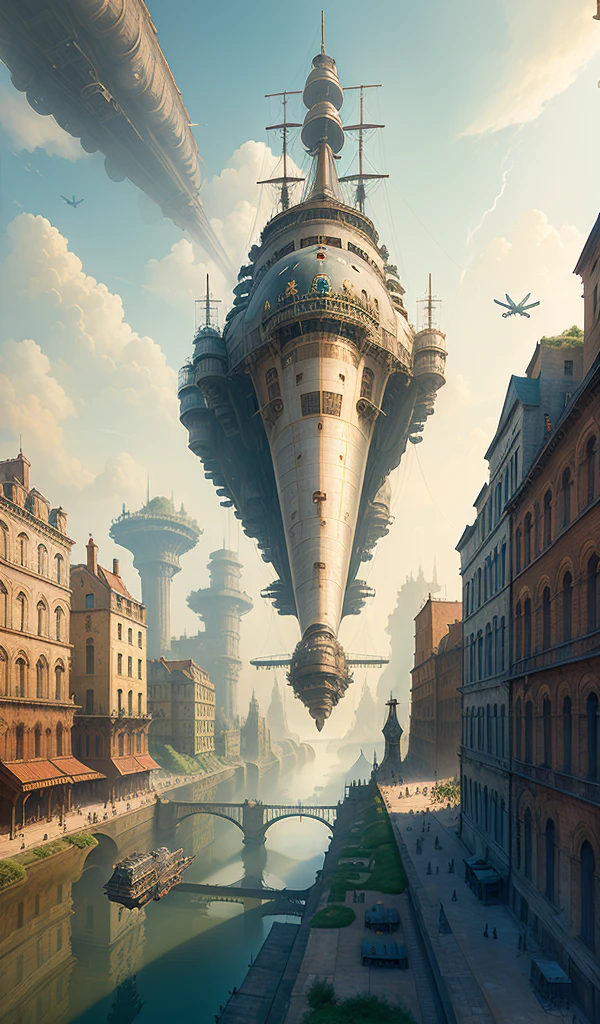 ((masterpiece)), (best quality), (high detial), ((realistic,)) (sky), (giant steam airship), (small flying machine), (robot), pyrotechnics, ruins, industrial age cities, bazaars, bridges, rainy days, steampunk, European architecture, flyovers, spirits, abyss,