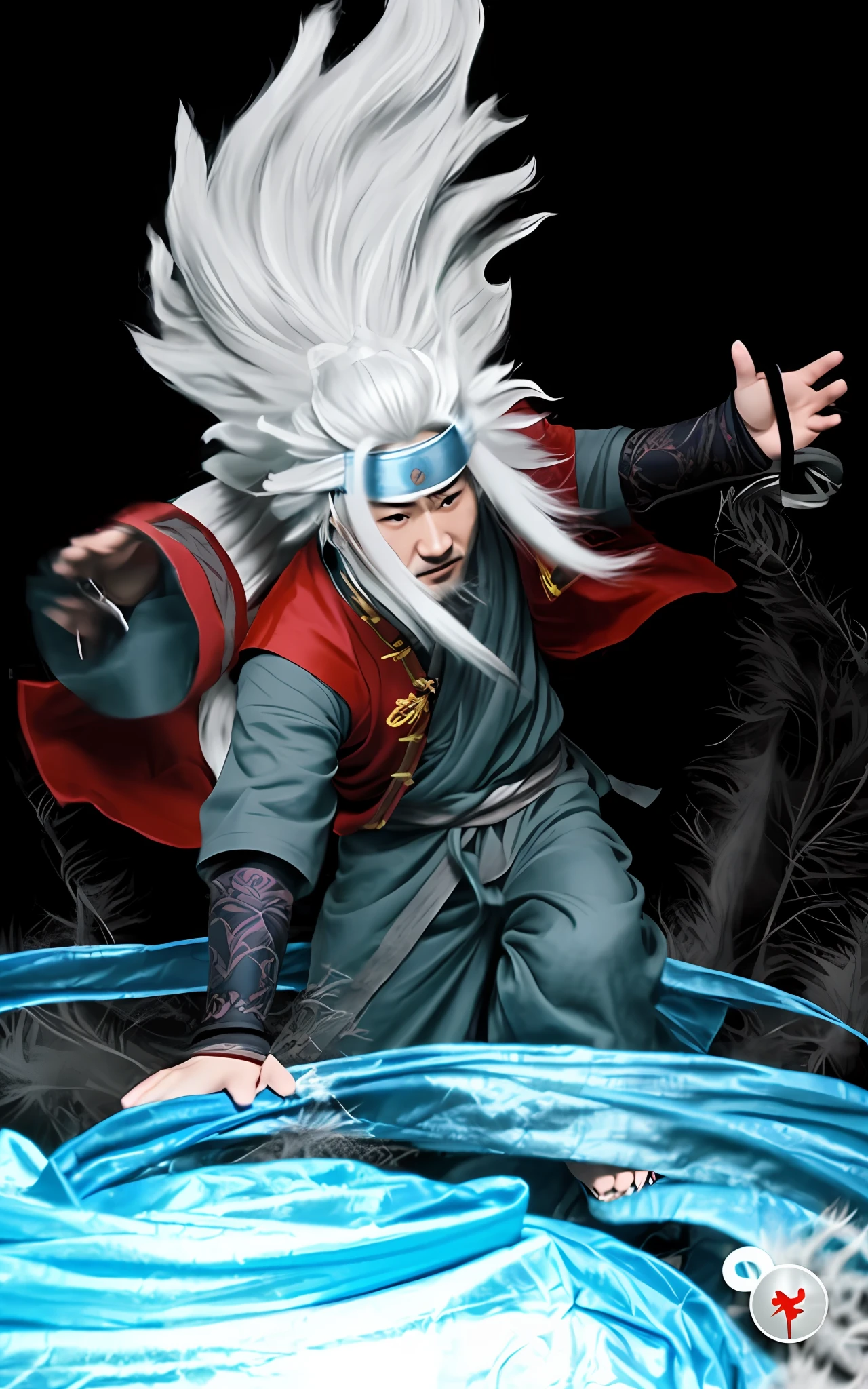 Chinese man, jiraya master, cloth clothing, parchment on the back, wind whirlwind, white hair, long hair, metal bandana on the forehead.