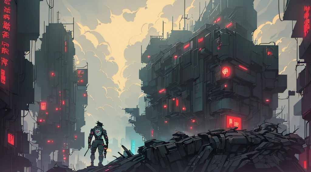 (Ultra detailed), (masterpiece), (best quality), (very detailed CG unit 8k wallpaper), ((((extremely wide shot)))), ((a cyberpunk ninja) ((on a hill)), looking at a small neon-cyberpunk town, cyberpunk, gleaming cyberpunk outfit, (back view), with scifi accessories, (((crazy appearance)), horror details, ((horror)), deformed clouds, male anatomy, dim light, soft light, concept art, dimly lit, cinematic, highly detailed, stylized wallpaper
