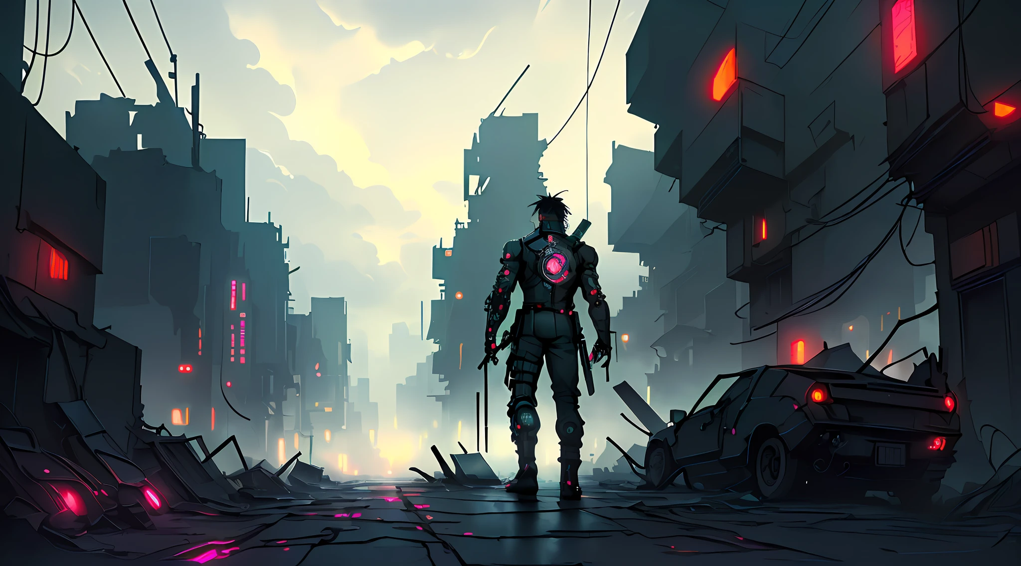 (Ultra detailed), (masterpiece), (best quality), (very detailed CG unit 8k wallpaper), (((extremely wide shot)))), ((a cyberpunk ninja) ((on a hill)), looking at a small neon-cyberpunk town, cyberpunk, gleaming cyberpunk outfit, (back view), ((ruined city)), with scifi accessories, (((crazy look)), horror details, ((horror)), deformed clouds, male anatomy, dim light, soft light, concept art, dimly lit, cinematic, highly detailed, stylized wallpaper