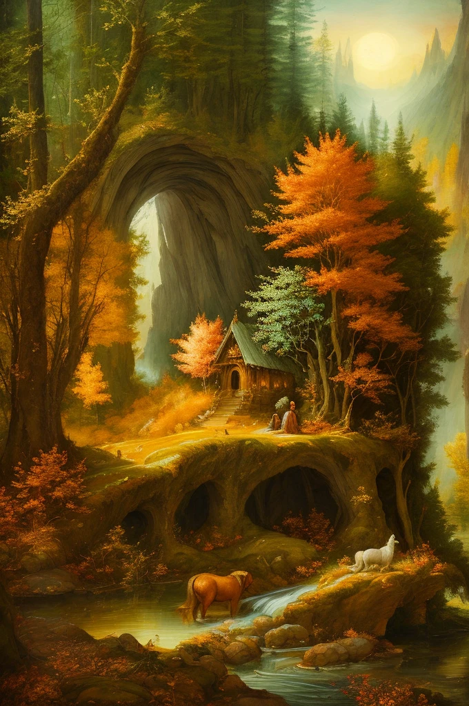 "[Renaissance painting with mystical and transcendent atmosphere, druid in a Druidic sanctuary in the forest making a libation, autumnal tones with beautiful play of colors, without being overly surrealist]:0.8"