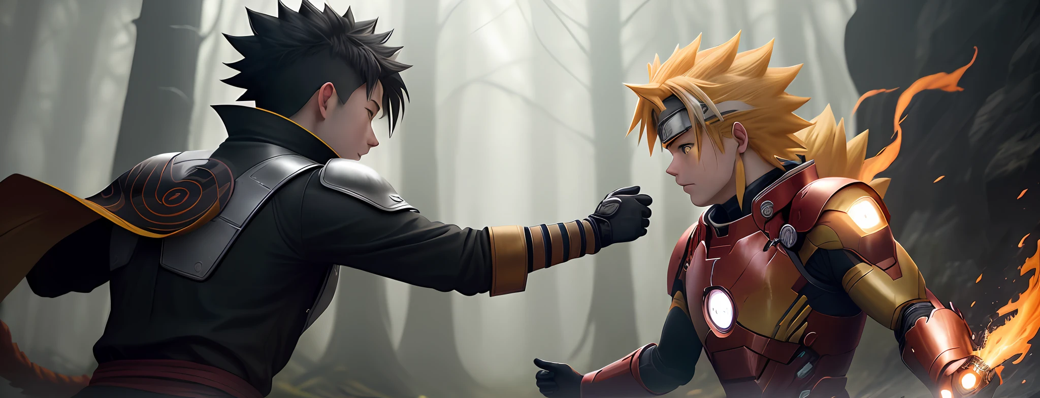 Create a photo of (((battle-hardened Naruto))) in a (((bright yellow))) ((Iron Man themed suit)) (((with black stripes))) (((engulfed in yellow flames))) with (((bright glowing eyes))) with ((((Kurama Nine Tails behind him)))) and ((Kyubi theme)). The yellow color scheme should be aged, with subtle variations in color that add depth and texture to the armor. The warrior should have a rugged and weathered appearance, with scars and other imperfections on their face and hands. The flames should be realistically rendered, with a mix of pink, purple, and white hues that flicker and dance in the air. The flames should also cast light and shadows onto the surrounding environment, adding to the realism of the scene. The environment should be dark and moody, with subtle hints of light that highlight the warrior and their sword. The setting could be a dimly lit dungeon, a misty forest, or a ruined fortress. The lighting should be carefully crafted to create a sense of depth and atmosphere, with realistic shadows and reflections. For the camera setup, use a high-end digital camera like a PhaseOne XF IQ4 with a 80mm lens and a sturdy tripod. Set the camera to ISO 200, f/4.5, and a shutter speed of 1/125. Use a combination of natural and artificial lighting to create a realistic and dramatic effect, with carefully placed light sources that mimic the environment. Use post-processing techniques to enhance the details and textures of the armor and sword, while maintaining a natural and authentic look. The final image should be rendered at the highest possible resolution, with a high level of rendering quality and minimal chaos. The end result should be a photo that looks like it was taken in a real-world setting.