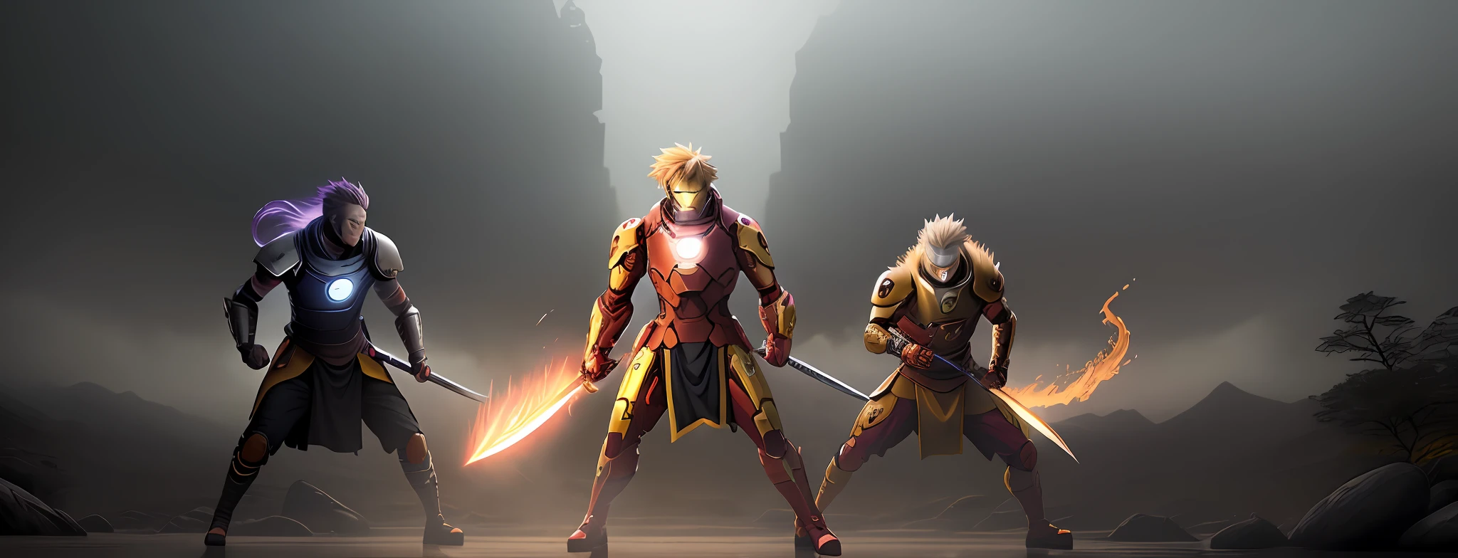 Create a photo of (((battle-hardened Naruto))) in a (((bright yellow))) ((Iron Man themed suit)) (((with black stripes))) (((engulfed in yellow flames))) with (((bright glowing eyes))) with ((((Kurama Nine Tails behind him)))) and ((Kyubi theme)). The yellow color scheme should be aged, with subtle variations in color that add depth and texture to the armor. The warrior should have a rugged and weathered appearance, with scars and other imperfections on their face and hands. The flames should be realistically rendered, with a mix of pink, purple, and white hues that flicker and dance in the air. The flames should also cast light and shadows onto the surrounding environment, adding to the realism of the scene. The environment should be dark and moody, with subtle hints of light that highlight the warrior and their sword. The setting could be a dimly lit dungeon, a misty forest, or a ruined fortress. The lighting should be carefully crafted to create a sense of depth and atmosphere, with realistic shadows and reflections. For the camera setup, use a high-end digital camera like a PhaseOne XF IQ4 with a 80mm lens and a sturdy tripod. Set the camera to ISO 200, f/4.5, and a shutter speed of 1/125. Use a combination of natural and artificial lighting to create a realistic and dramatic effect, with carefully placed light sources that mimic the environment. Use post-processing techniques to enhance the details and textures of the armor and sword, while maintaining a natural and authentic look. The final image should be rendered at the highest possible resolution, with a high level of rendering quality and minimal chaos. The end result should be a photo that looks like it was taken in a real-world setting.
