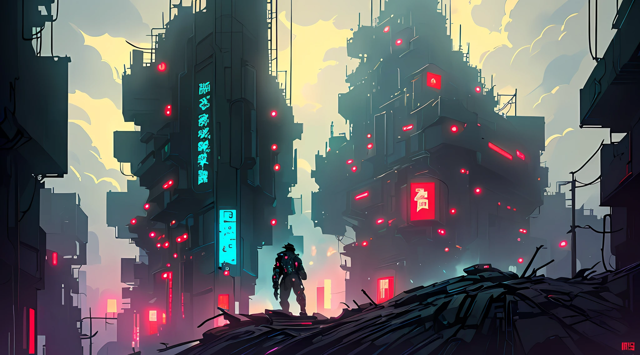 (Ultra detailed), (masterpiece), (best quality), (very detailed CG unit 8k wallpaper), ((((extremely wide shot)))), ((a cyberpunk ninja) ((on a hill)), looking at a small neon-cyberpunk town, cyberpunk, gleaming cyberpunk outfit, (back view), with scifi accessories, (((crazy appearance)), horror details, ((horror)), deformed clouds, male anatomy, dim light, soft light, concept art, dimly lit,  cinematic, highly detailed, stylized wallpaper