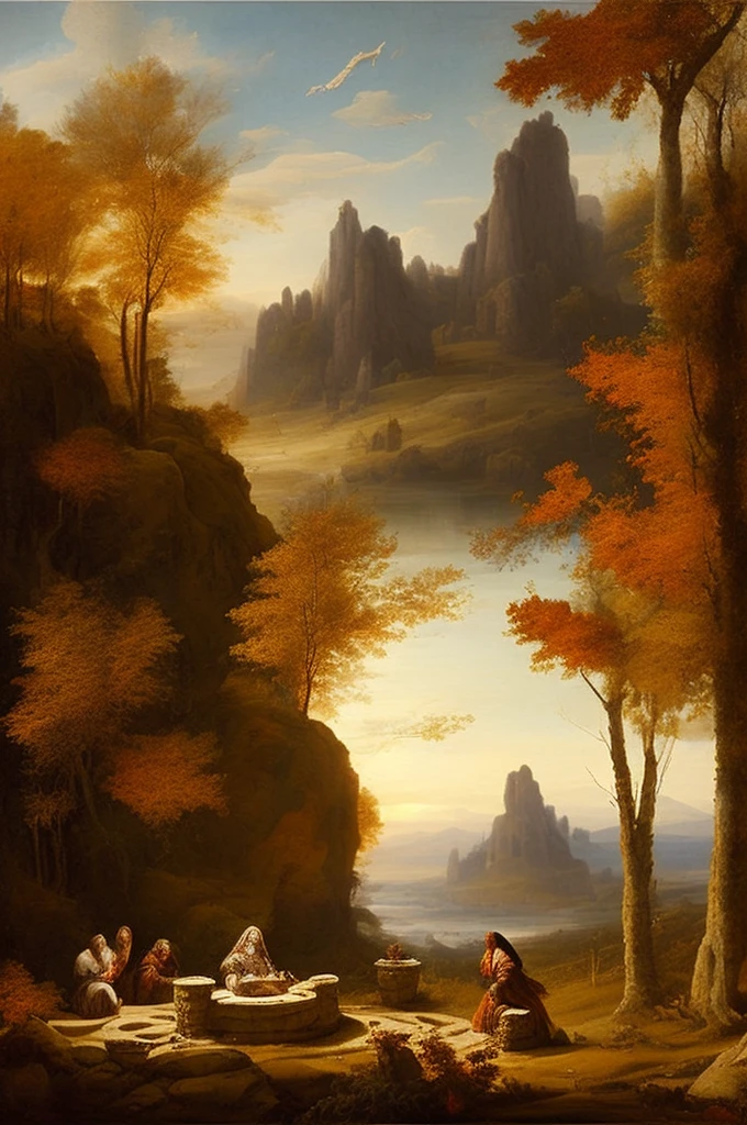 Renaissance painting of a druid in a stone circle making libations, autumnal tones, sunset