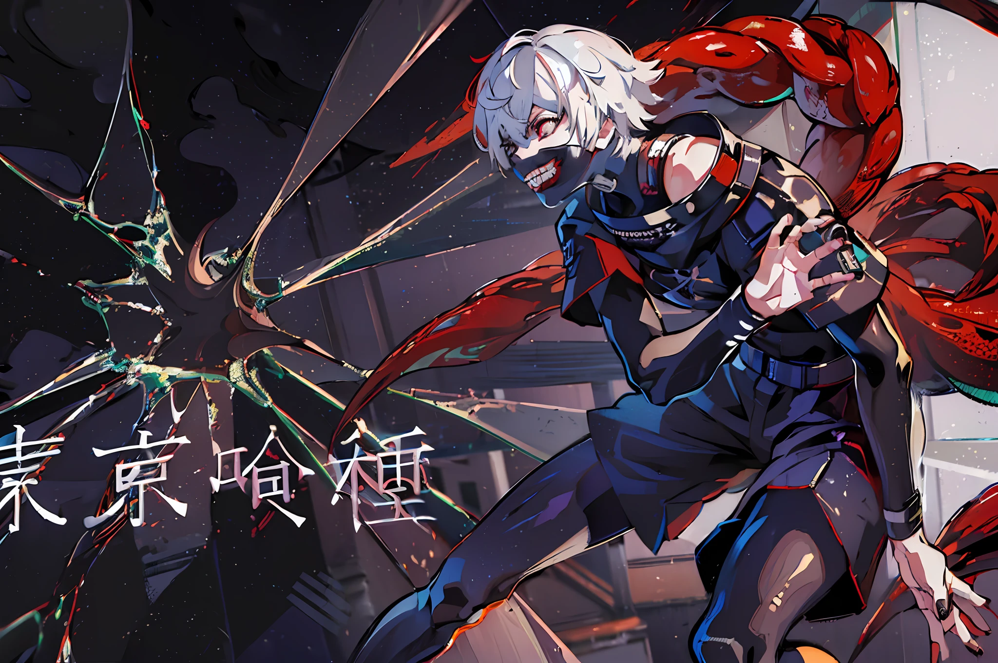 (masterpiece, high quality:1.4), (kaneki ken, black hair, (white hair), red and black eye, mask | teeth, blood eyes, black clothes, scorpio tentacles), blood, ((full body)), (dynamic pose), black background, thrilling, (fierce face), powerful aura, glowing red eye,blood tentacles,kagune powers,8k,64k, HD, unparalleled masterpiece, dynamic lighting, cinematic, epic, highest quality digital art
