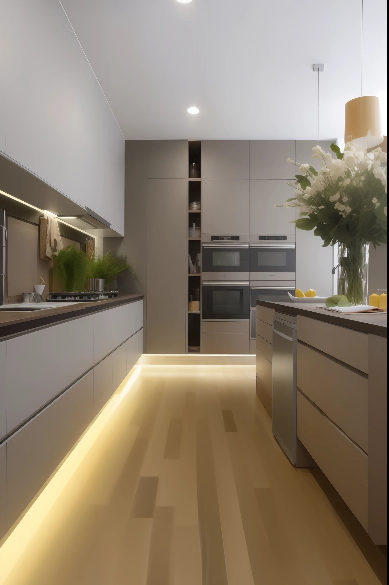 Change color of cabinets to wood, change floor to ceramic, 8x ,8 white and leave yellowish lighting