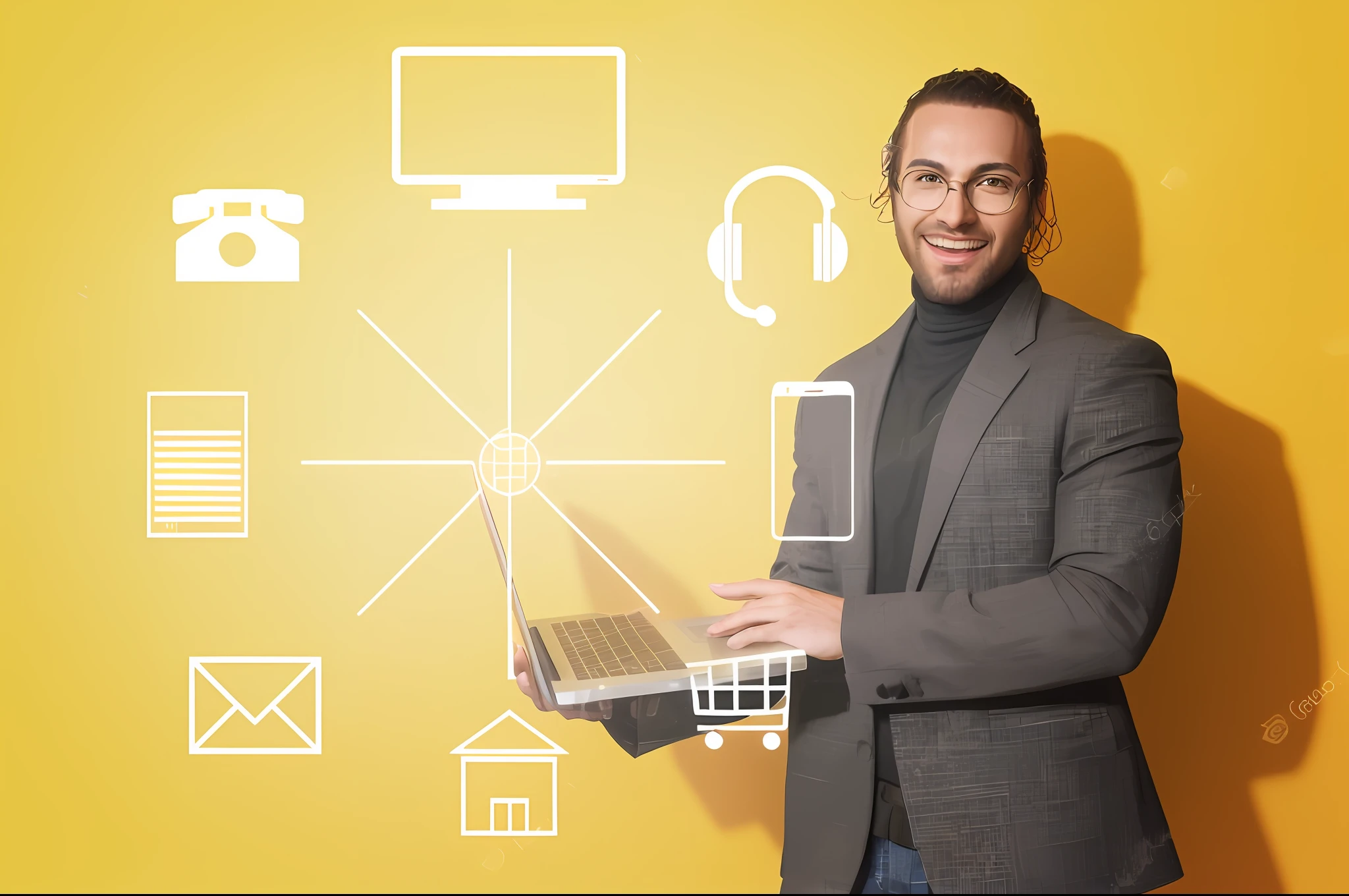 arafed man in a suit holding a laptop with icons on it, creative coder with a computer, high quality image, holding glowing laptop computer, it specialist, product introduction photo, professional image, high quality picture, cool marketing photo, marketing photo, integrating with technology, in front of a computer, professional picture, advanced technology, commercial photo