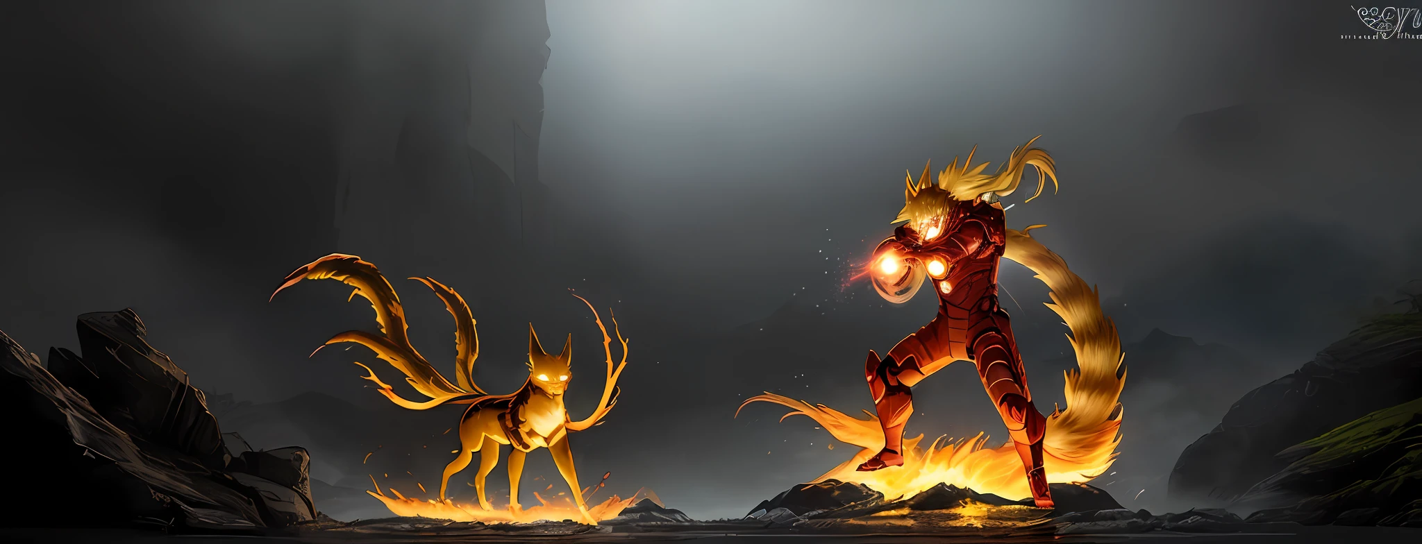 Create a photo of (((battle-hardened Naruto))) in a (((bright yellow))) ((Iron Man themed suit)) (((with black stripes))) (((engulfed in yellow flames))) with (((bright glowing eyes))) with ((((Kurama Nine Tails behind him)))) and ((Kyubi theme)). The yellow color scheme should be aged, with subtle variations in color that add depth and texture to the armor. The warrior should have a rugged and weathered appearance, with scars and other imperfections on their face and hands. The flames should be realistically rendered, with a mix of pink, purple, and white hues that flicker and dance in the air. The flames should also cast light and shadows onto the surrounding environment, adding to the realism of the scene. The environment should be dark and moody, with subtle hints of light that highlight the warrior and their sword. The setting could be a dimly lit dungeon, a misty forest, or a ruined fortress. The lighting should be carefully crafted to create a sense of depth and atmosphere, with realistic shadows and reflections. For the camera setup, use a high-end digital camera like a PhaseOne XF IQ4 with a 80mm lens and a sturdy tripod. Set the camera to ISO 200, f/4.5, and a shutter speed of 1/125. Use a combination of natural and artificial lighting to create a realistic and dramatic effect, with carefully placed light sources that mimic the environment. Use post-processing techniques to enhance the details and textures of the armor and sword, while maintaining a natural and authentic look. The final image should be rendered at the highest possible resolution, with a high level of rendering quality and minimal chaos. The end result should be a photo that looks like it was taken in a real-world setting.