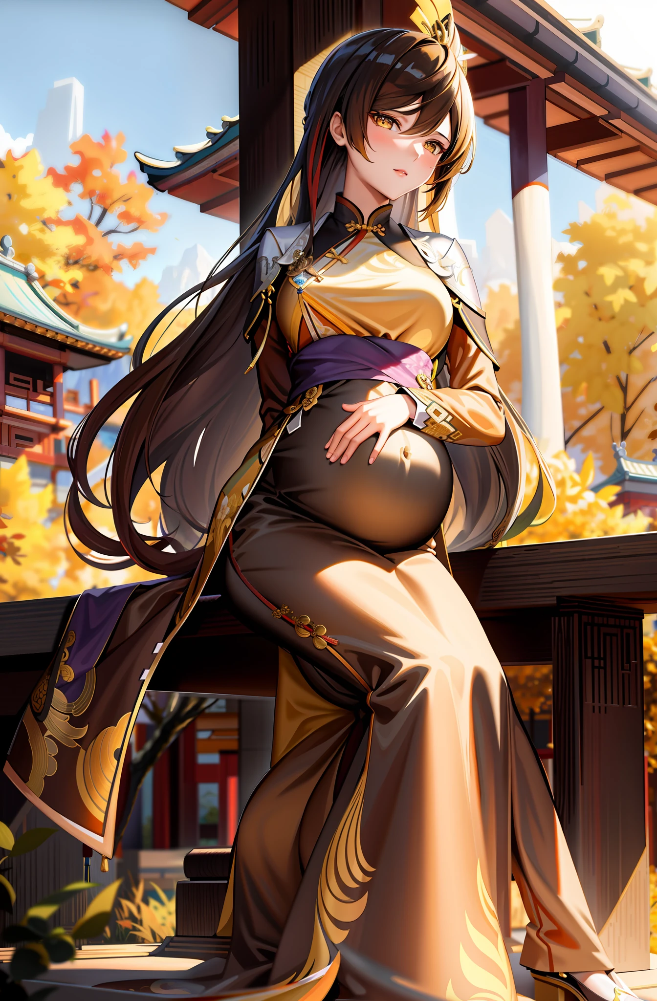 (extremely detailed background) (best quality), (highest quality), (masterpiece), 1girl, solo , zhongli\(genshin impact\), long hair, amber eyes, beautifully detailed eyes, mature, dark brown hair, calm face, looking at the viewer, medium breasts, side bangs, very long loose hanfu , extremely well detailed brown hanfu , traditional Chinese kimono , extremely detailed gown, golden patterns, gorgeous, elegant, luxurious, jowelery, pregnant, pregnant belly, extremely detailed belt, long sleeves, loose wide long sleeves, sitting, sitting on a chair , hands on belly , outdoor, sitting on a chair on a chinese garden , chinese palace behind her, mountains, yellow trees, yellow leafs,rocks, mature old lady, long loose gown