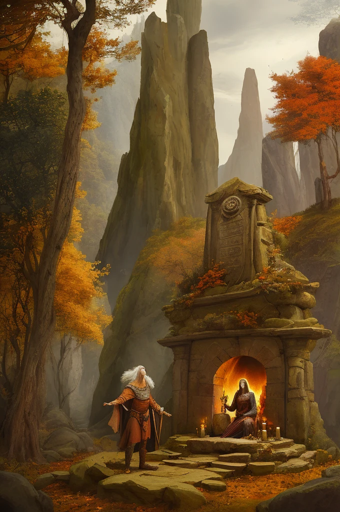 "A druid making a fire offering on a stone altar with ogham inscriptions, in a Renaissance painting setting, which exudes the autumnal tones of Wales."