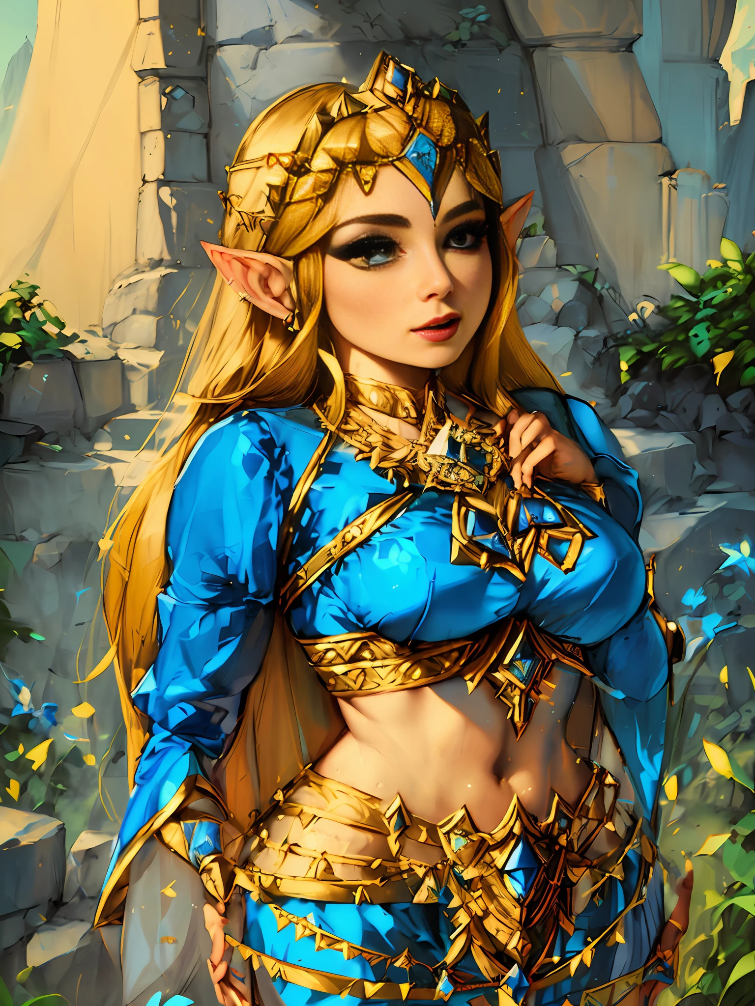a close up of a woman in a blue costume posing for a picture, portrait of princess zelda, portrait of zelda, princess zelda, zelda style art, elf princess, alluring elf princess knight, zelda, portrait of an elf queen, beautiful and elegant elf queen, zelda botw, elf queen, artgerm on artstation pixiv, an elf queen