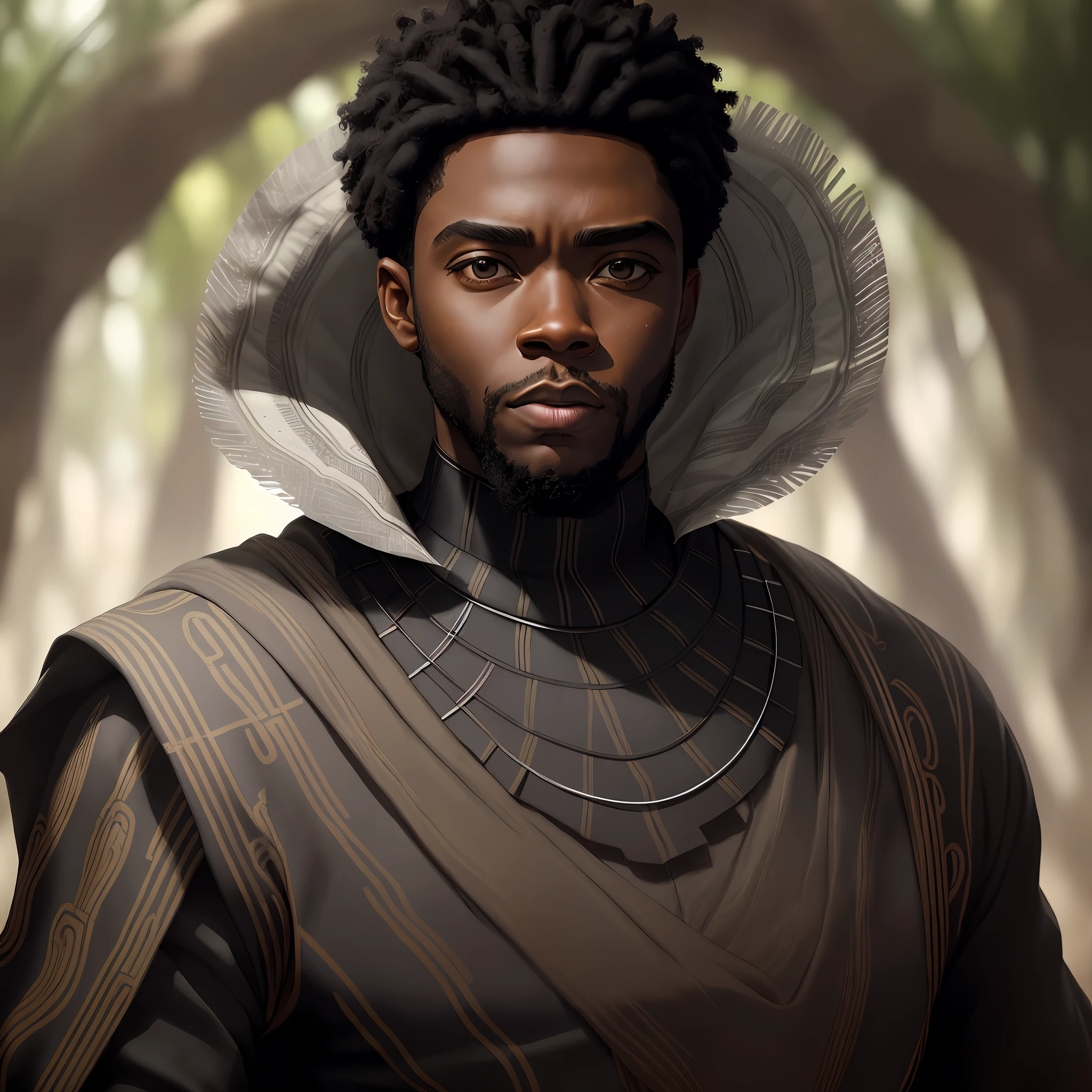 portrait of a photo of Chadwick Boseman with rounded face, in a black and gray African ensemble outfit, with beard appearing to be over 40 years old, with black eyes, posing in an African forest, with two-tone lighting, sharp focus, matte black matrix, octane, unreal, low key, image 720 px by 1080 px, increased focus on his face,  The hair should be short next to the Black Panther movie