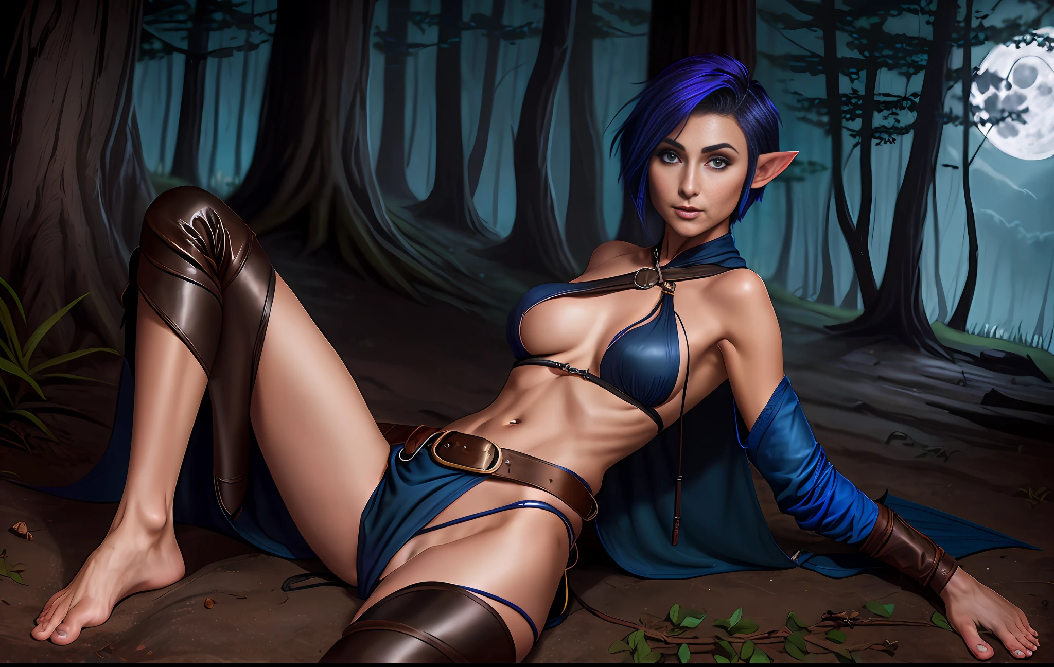 One young tomboy nightelf huntress with complete, short hair, pointy ears. barefoot, belt, lying on the side oin forest under the moon light. hips exposed. navel neckline. leather waders, seductive, black, deepblue, small chest, loincloth